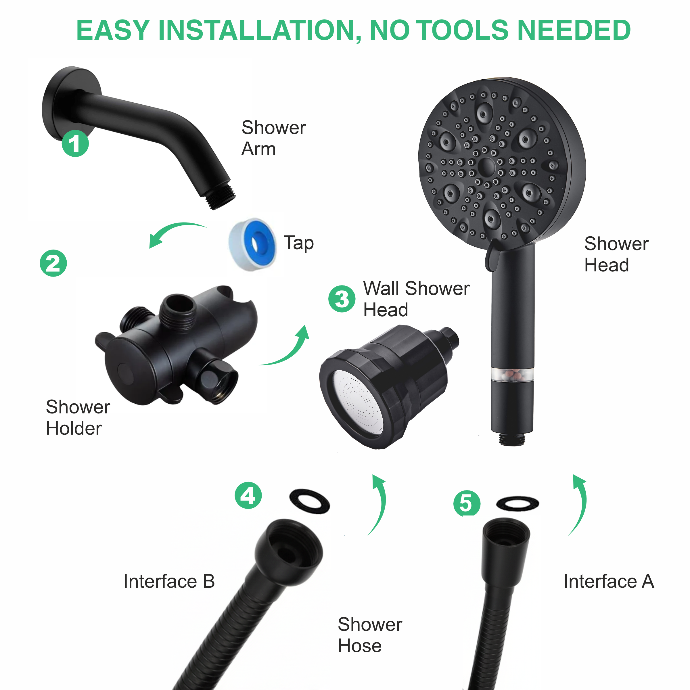 9-Mode Luxury Handheld & Wall Combo Shower Head with Filtration Kit - Black