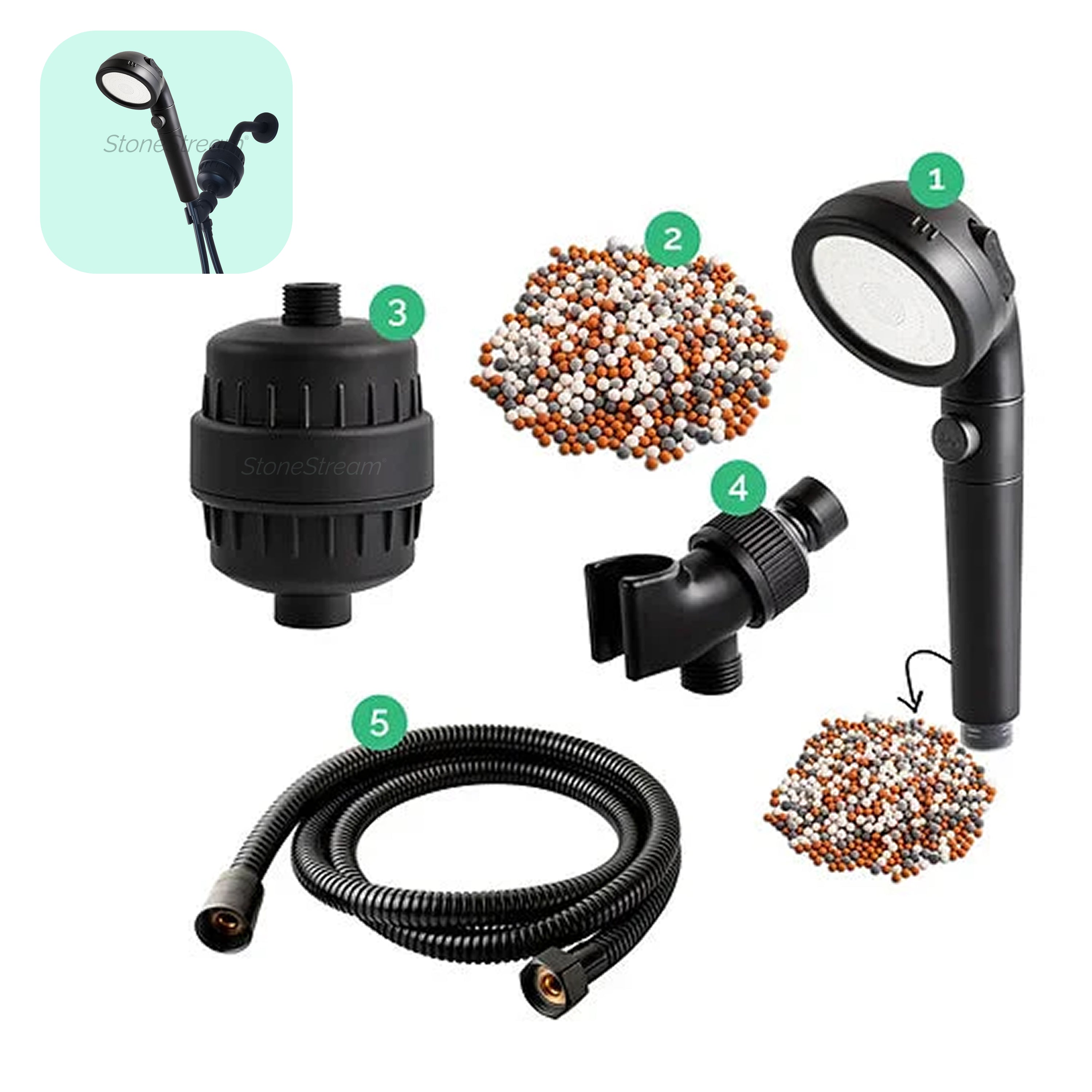 Black Ecopower Shower Head with Hard Water Filtration Kit