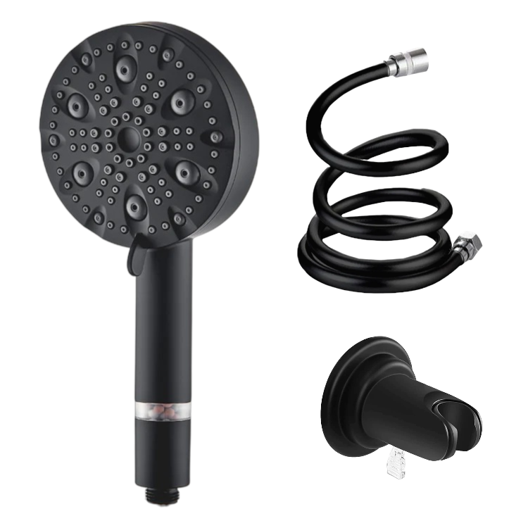 Modern black showerhead with hose and holder